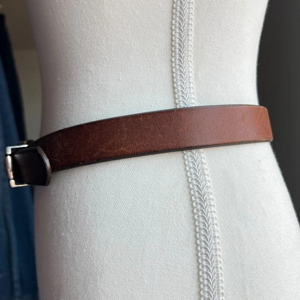 Vintage 1995 Brown Leather Belt Patina Silver Buckle Western Boho Minimalist